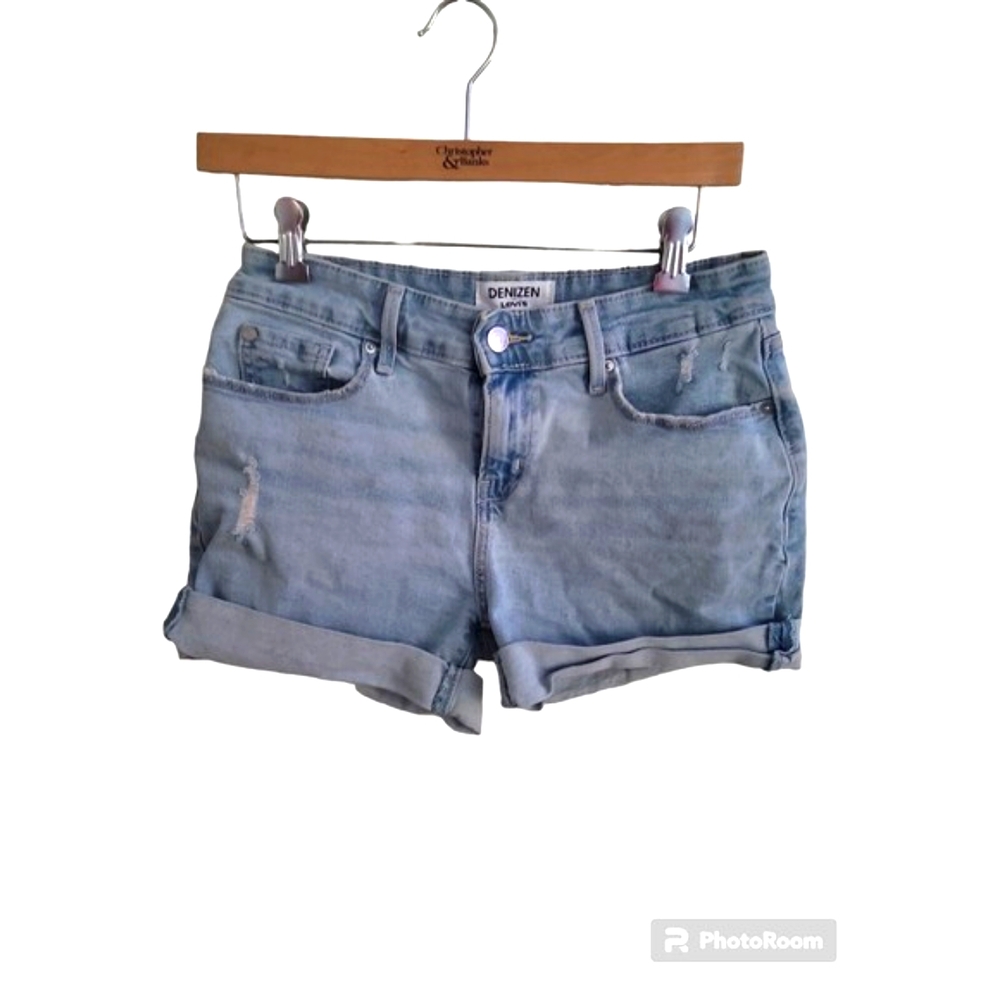 DENIZEN Levi's Mid Rise Shorts Light Wash Blue Distressed Rolled Hem Size 26